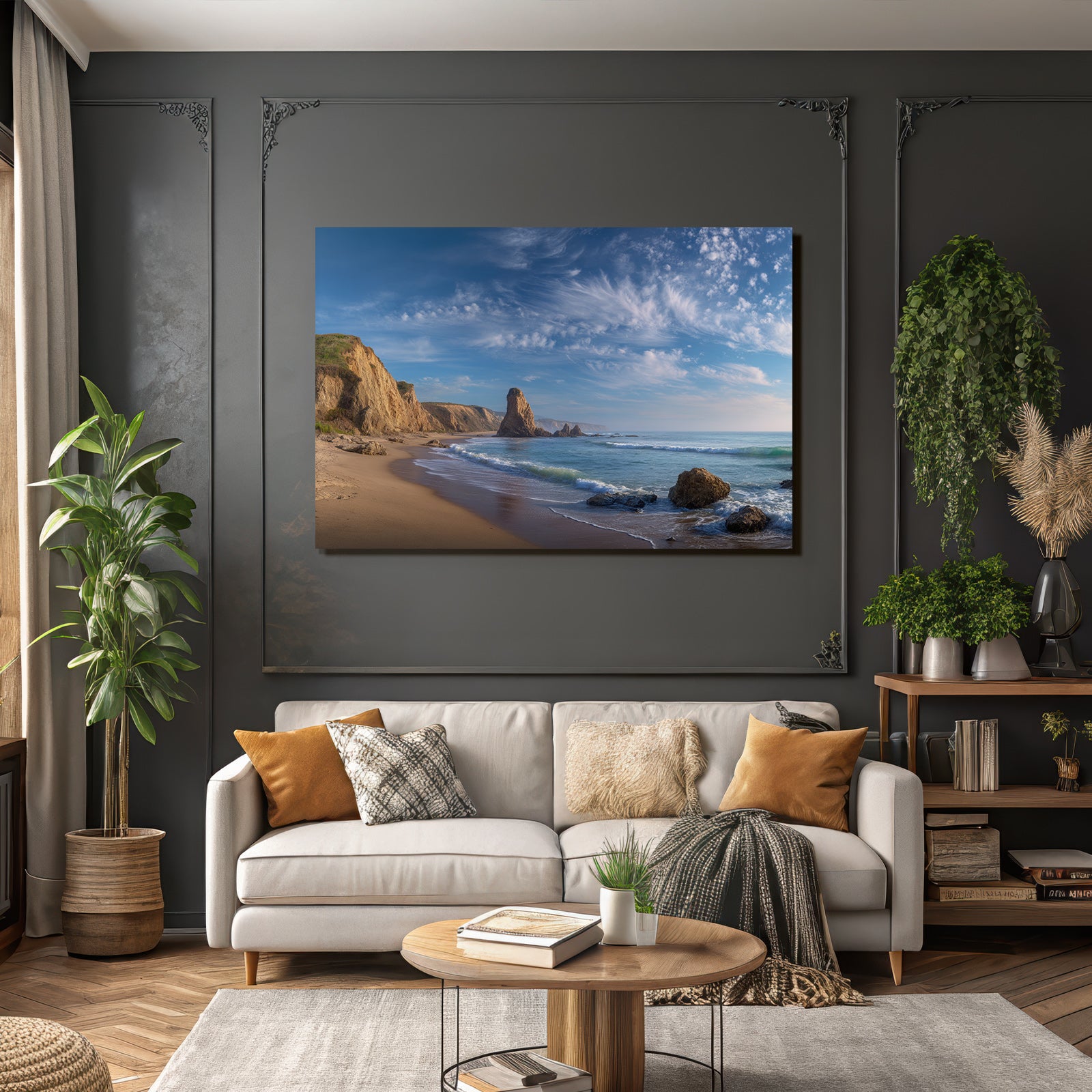 Forests and meadows Scenic beach landscape Cliffs Sandy beach and ocean waves
