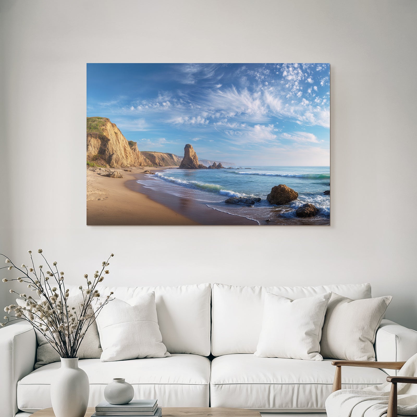 Forests and meadows Scenic beach landscape Cliffs Sandy beach and ocean waves