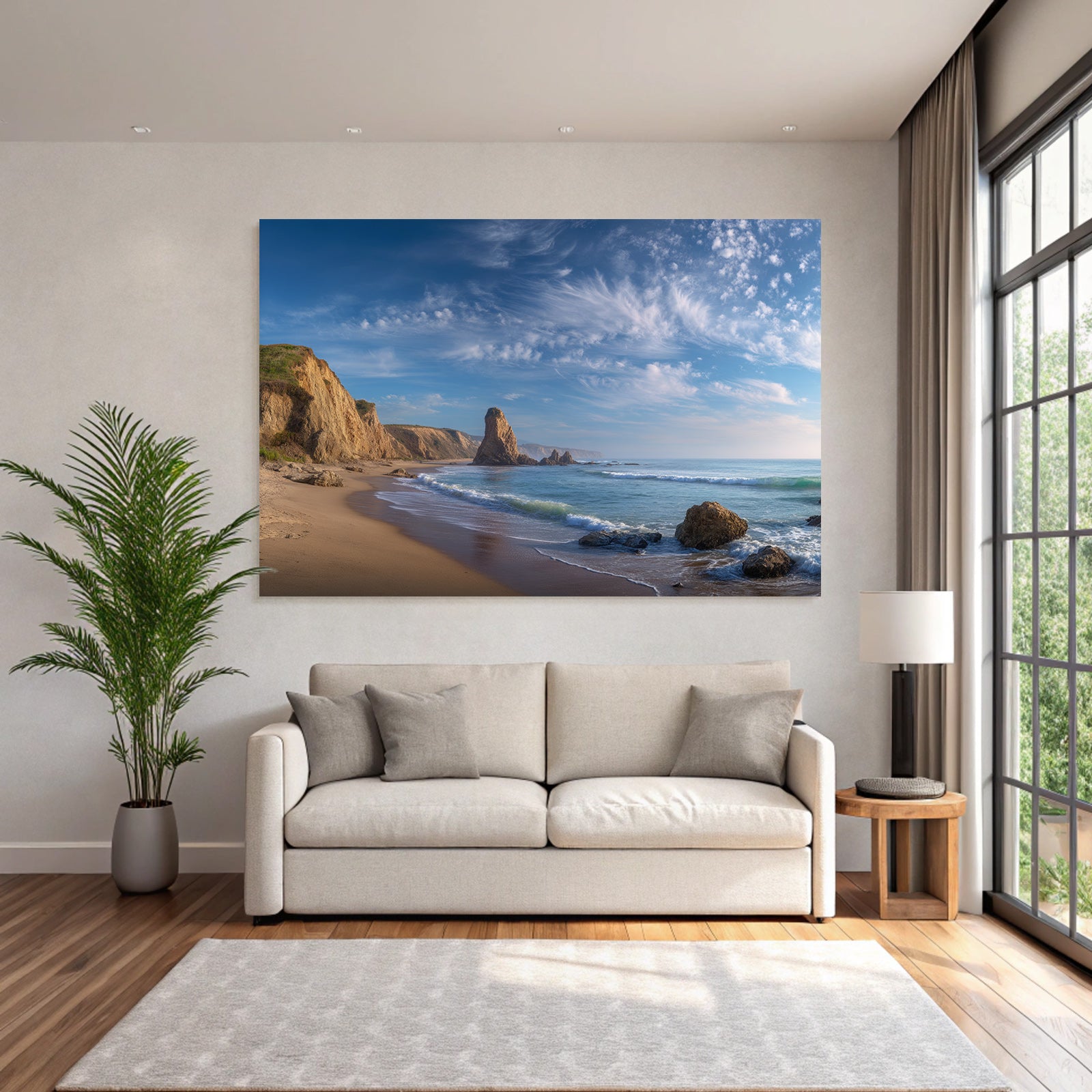 Forests and meadows Scenic beach landscape Cliffs Sandy beach and ocean waves