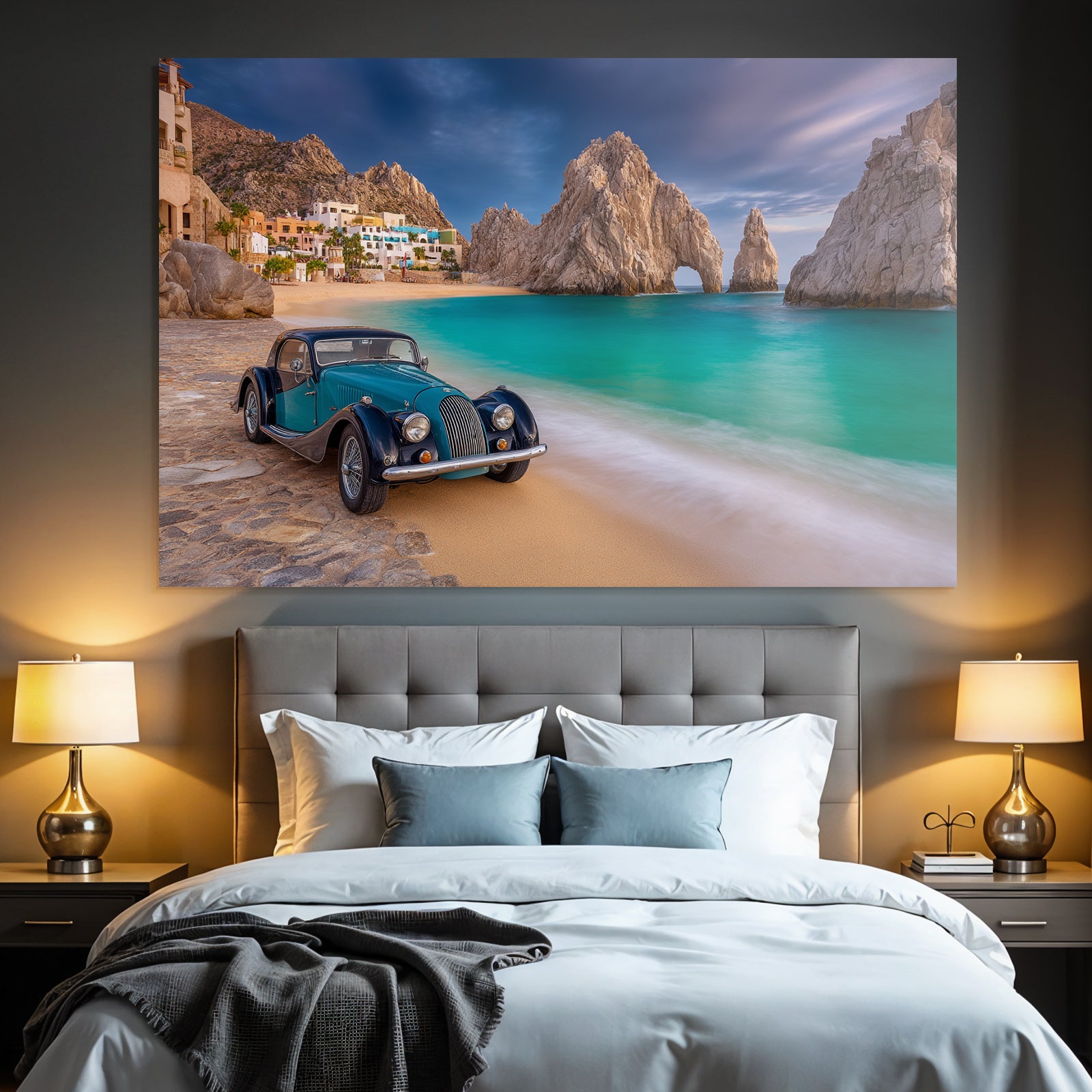 Forests and Meadows Beautiful Beach Scene Vintage Car Turquoise Water Rocky Background
