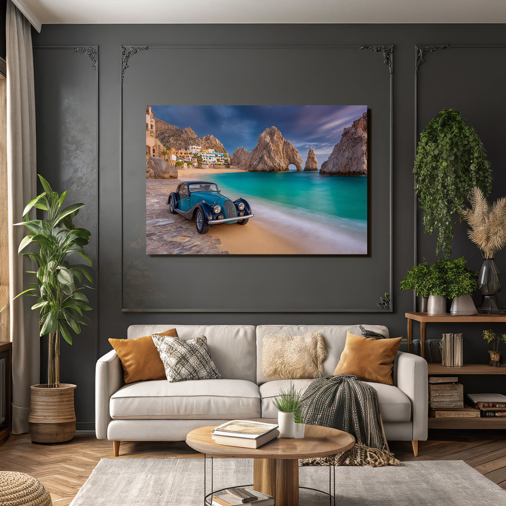 Wälder Und Wiesen Schöne Strand Szene Vintage Auto Türkis Wasser Rocky Background