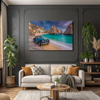 Wälder Und Wiesen Schöne Strand Szene Vintage Auto Türkis Wasser Rocky Background