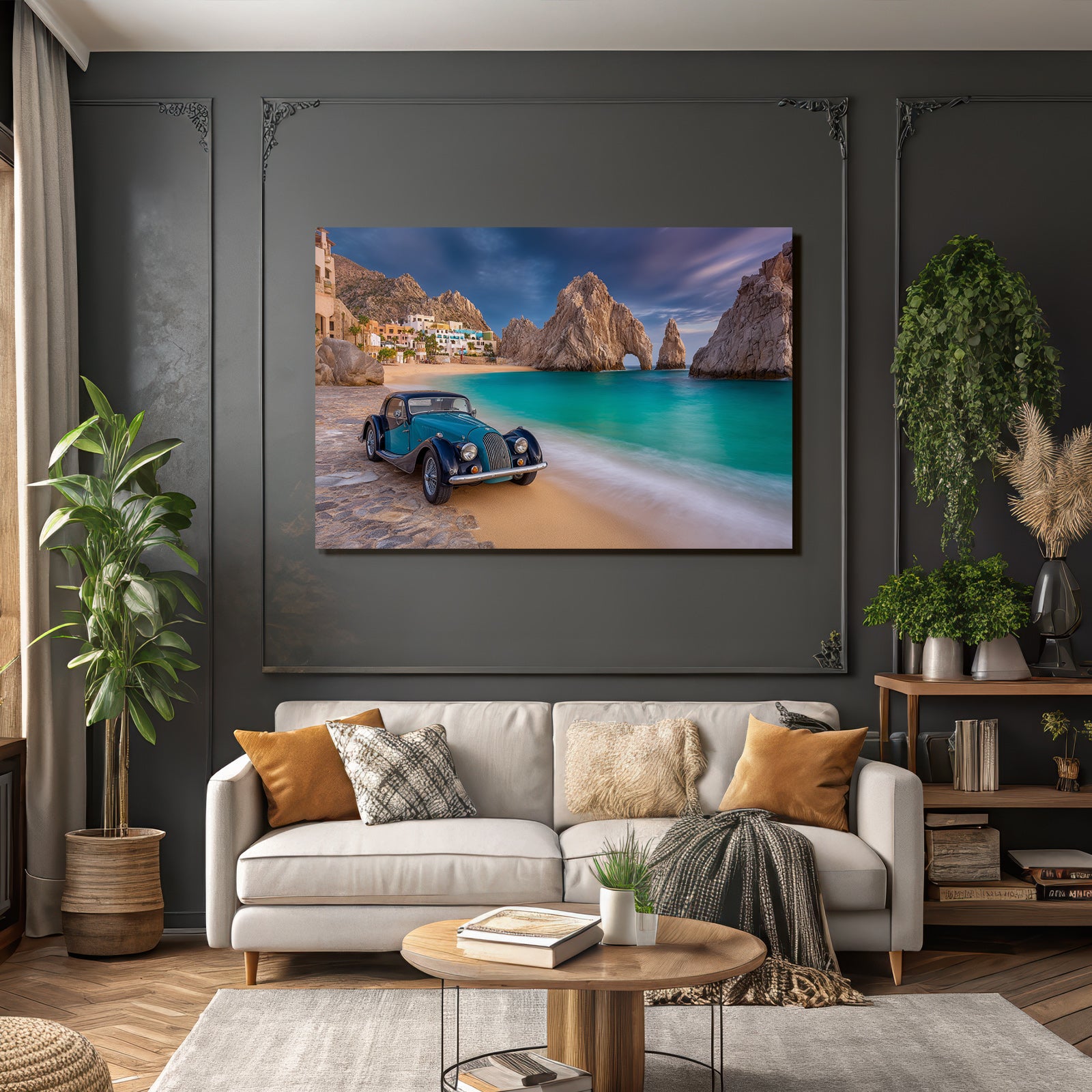 Forests and Meadows Beautiful Beach Scene Vintage Car Turquoise Water Rocky Background