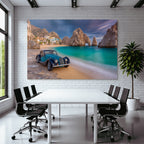 Wälder Und Wiesen Schöne Strand Szene Vintage Auto Türkis Wasser Rocky Background