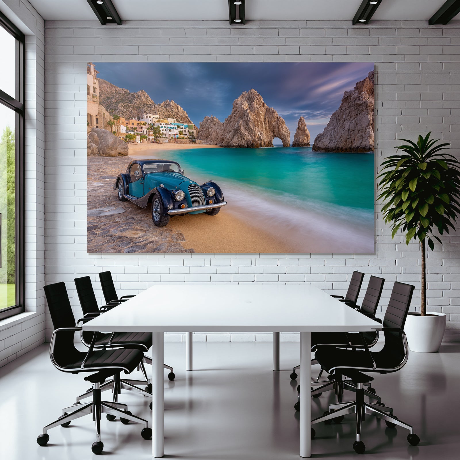 Forests and Meadows Beautiful Beach Scene Vintage Car Turquoise Water Rocky Background