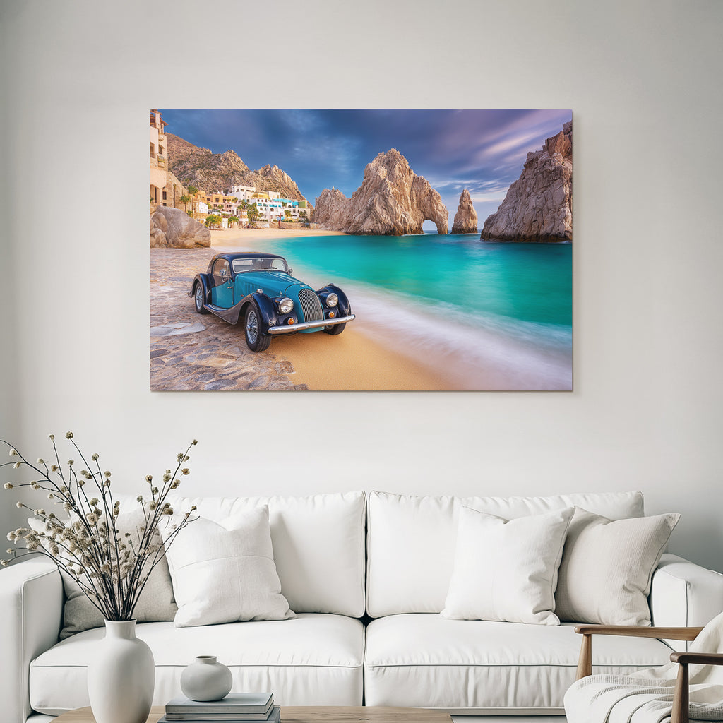 Wälder Und Wiesen Schöne Strand Szene Vintage Auto Türkis Wasser Rocky Background
