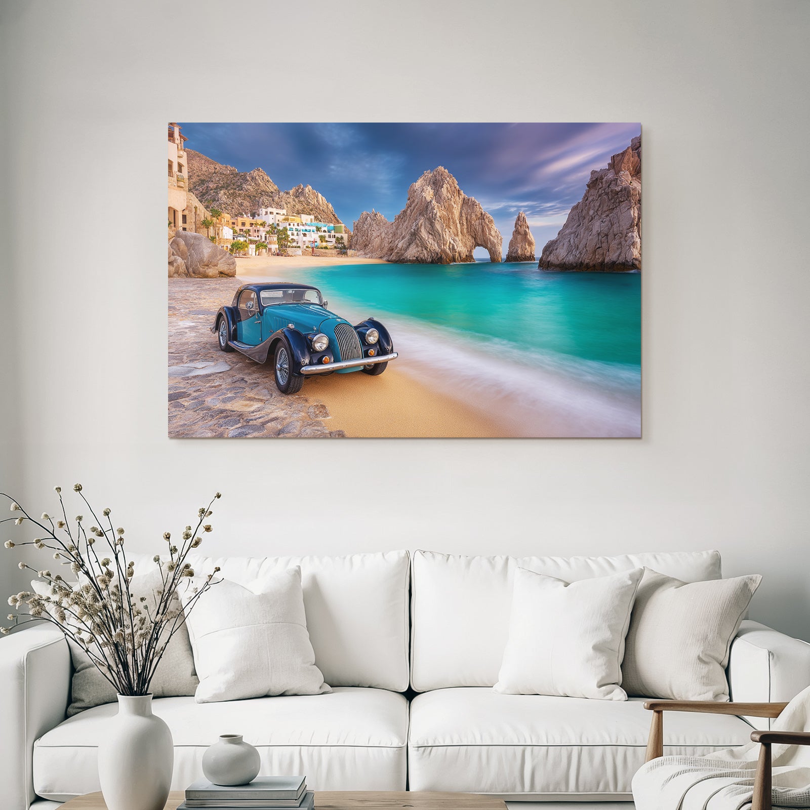 Forests and Meadows Beautiful Beach Scene Vintage Car Turquoise Water Rocky Background