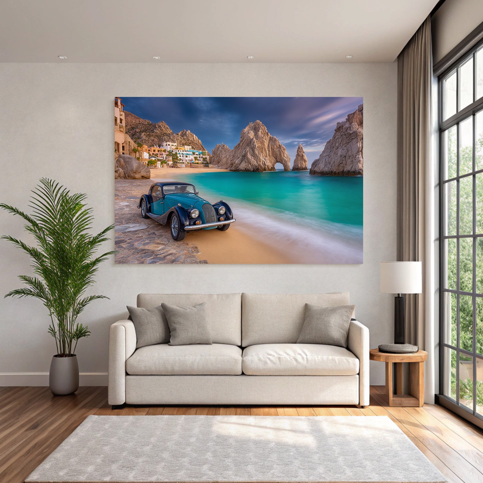 Forests and Meadows Beautiful Beach Scene Vintage Car Turquoise Water Rocky Background