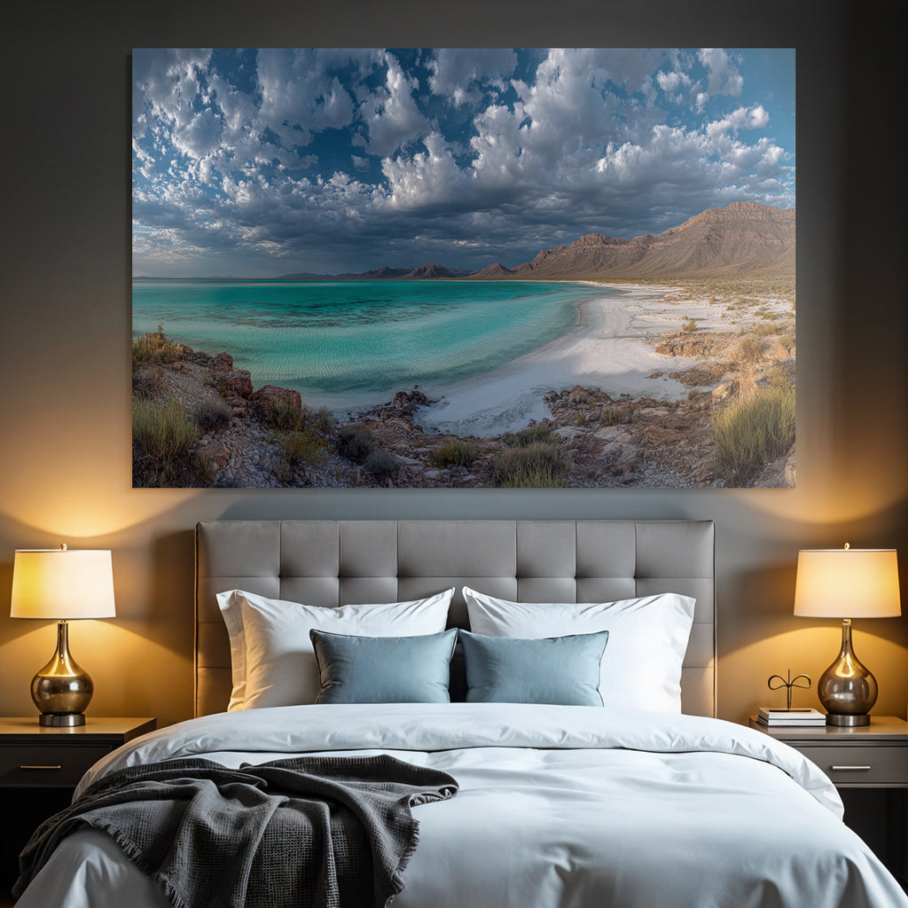 Forests and meadows Serene coastal landscape Turquoise water Sandy beach Rocks Sky Clouds