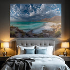Forests and meadows Serene coastal landscape Turquoise water Sandy beach Rocks Sky Clouds