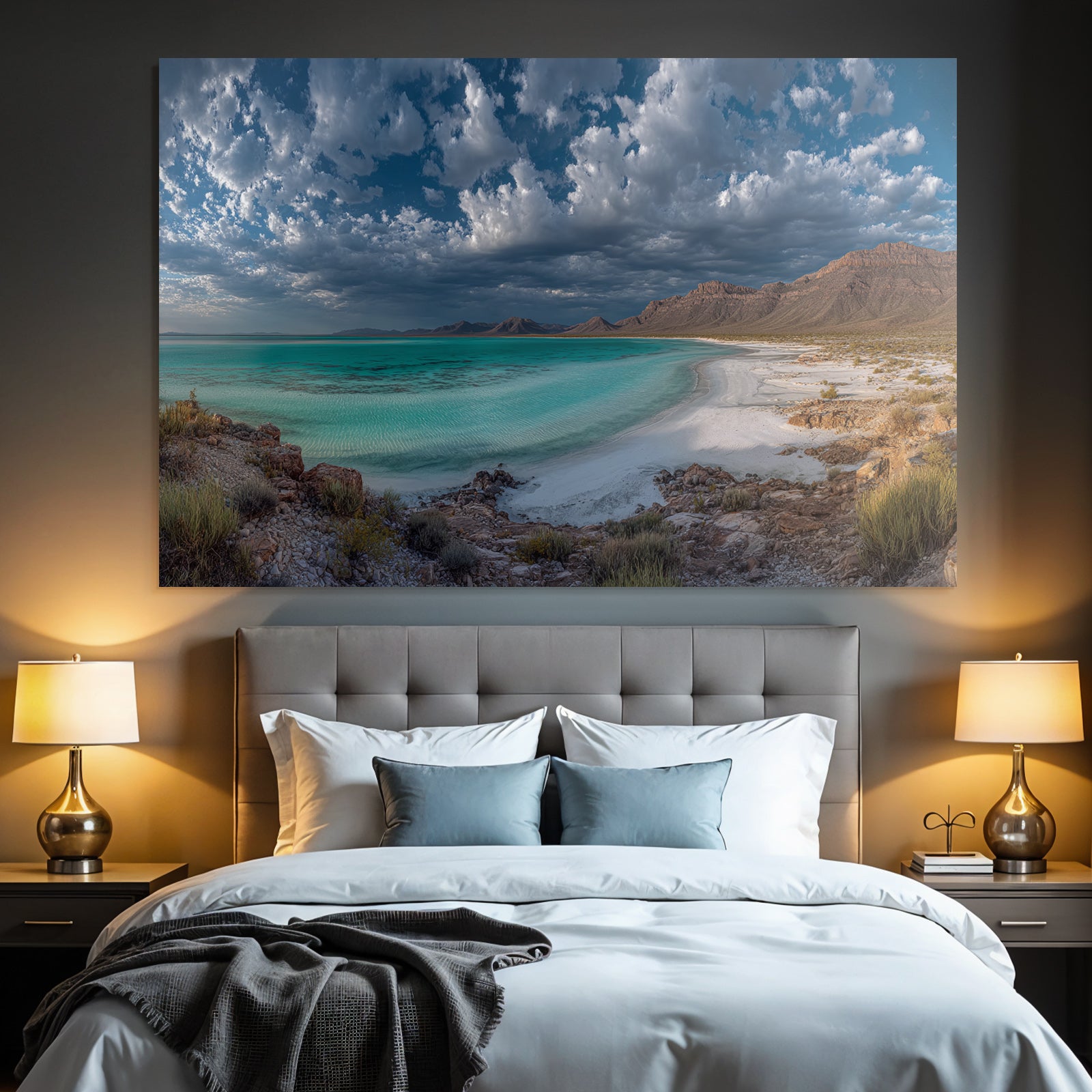 Forests and meadows Serene coastal landscape Turquoise water Sandy beach Rocks Sky Clouds