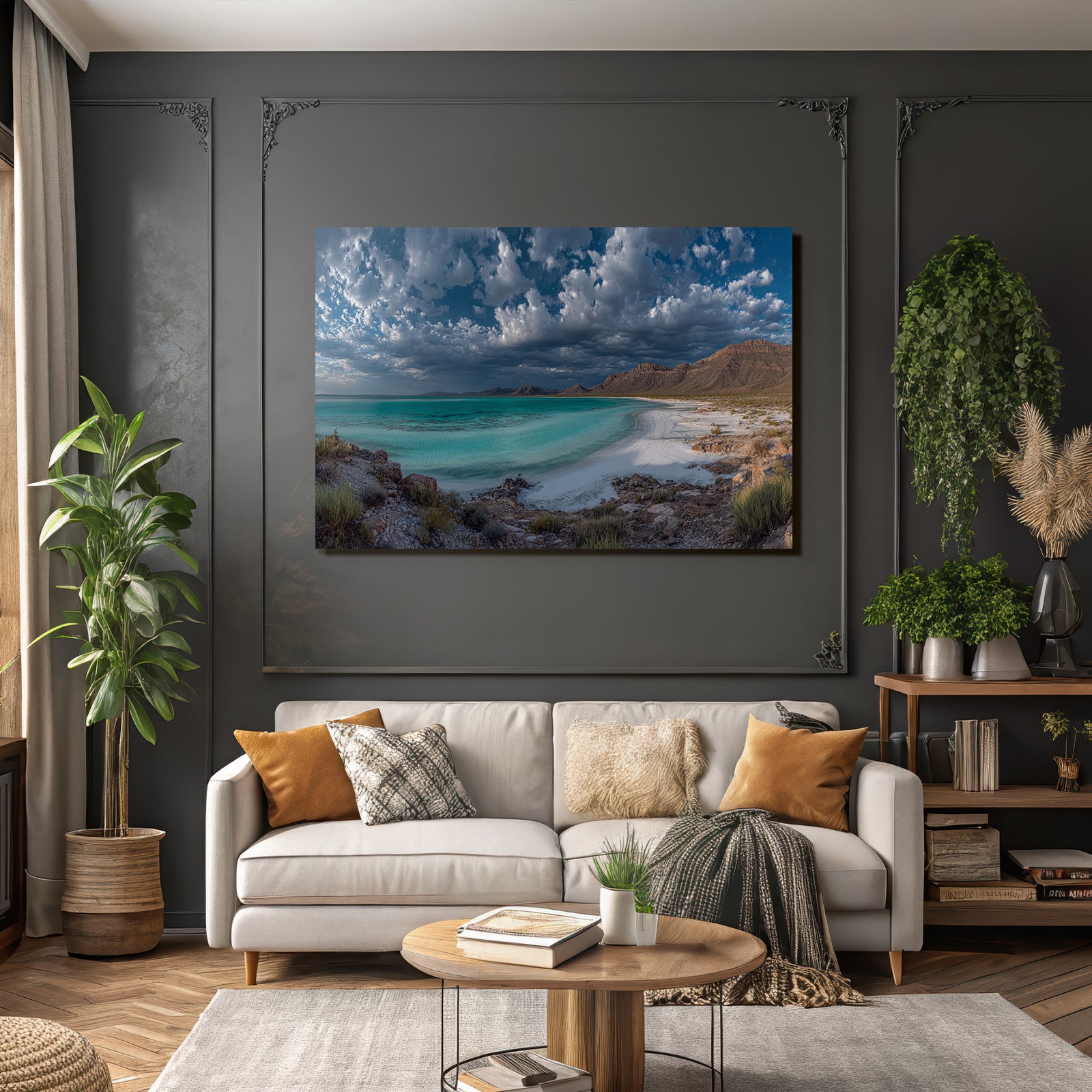 Forests and meadows Serene coastal landscape Turquoise water Sandy beach Rocks Sky Clouds
