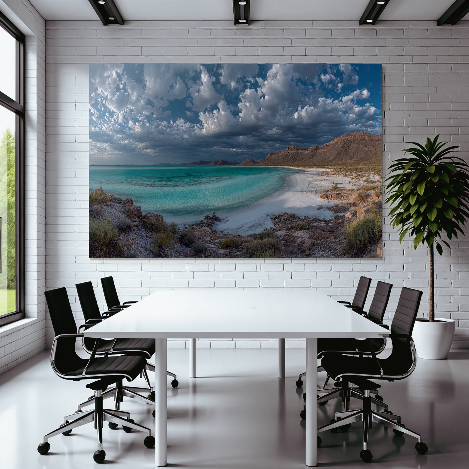 Forests and meadows Serene coastal landscape Turquoise water Sandy beach Rocks Sky Clouds