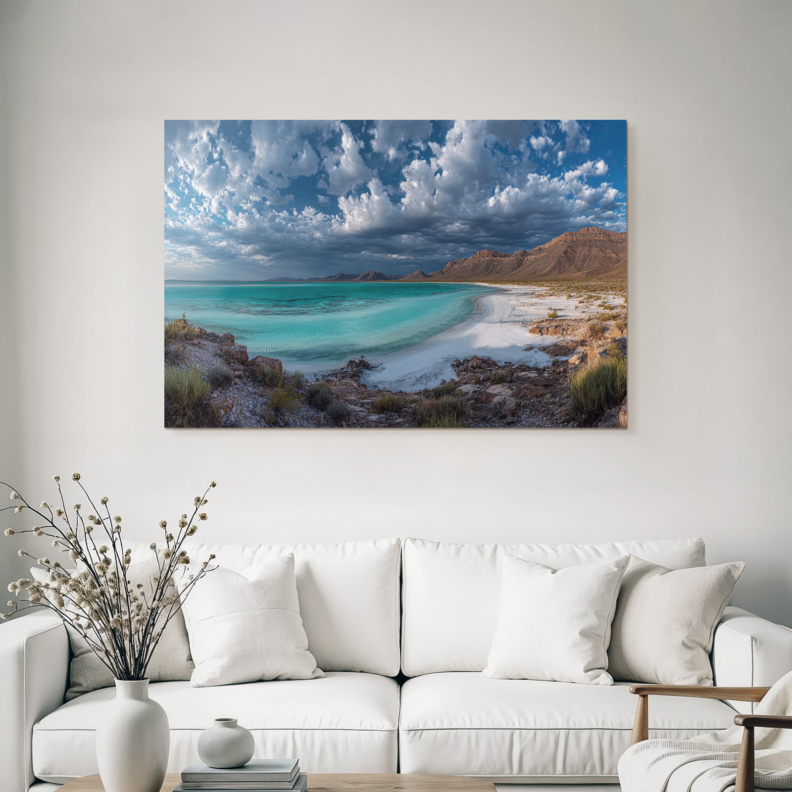 Forests and meadows Serene coastal landscape Turquoise water Sandy beach Rocks Sky Clouds