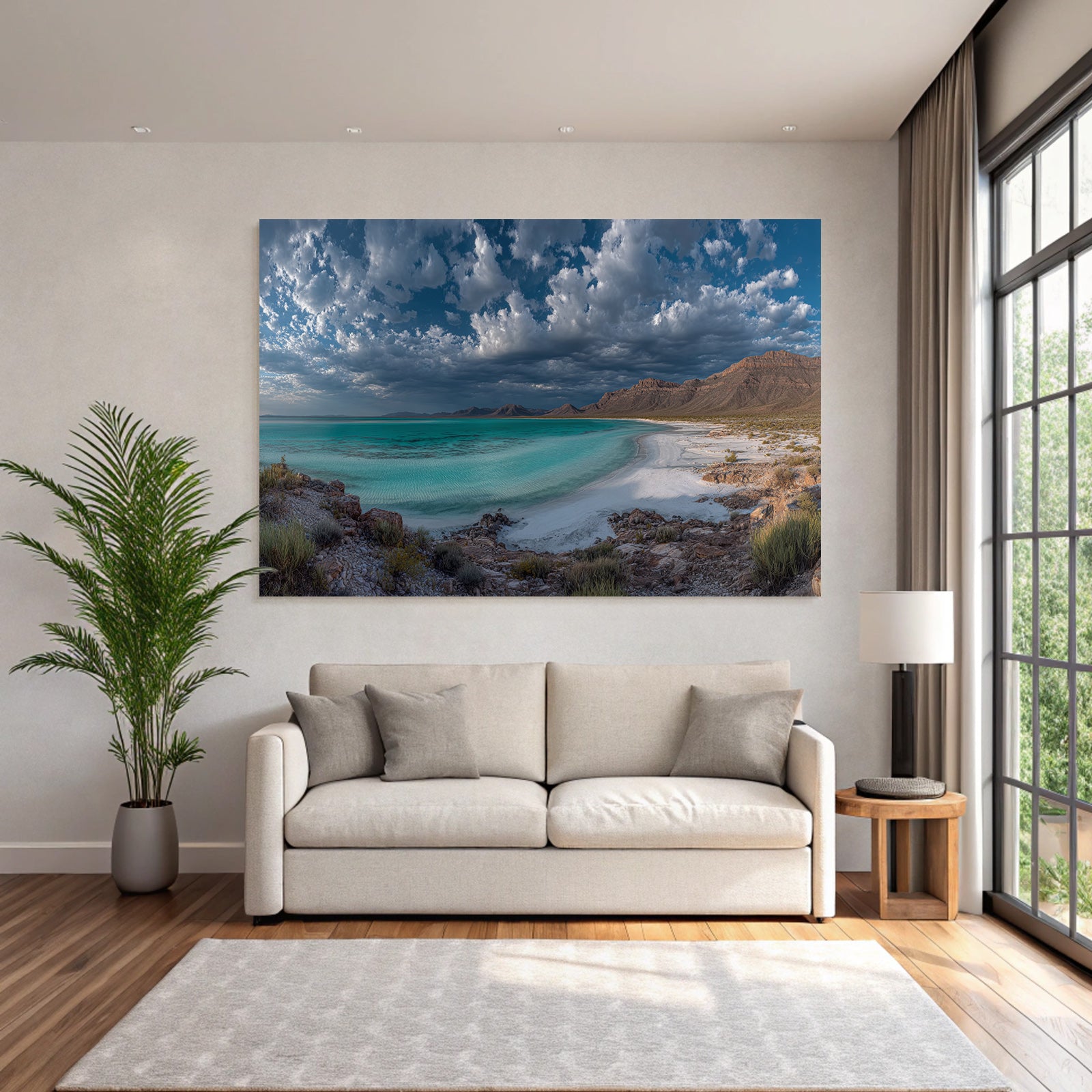 Forests and meadows Serene coastal landscape Turquoise water Sandy beach Rocks Sky Clouds