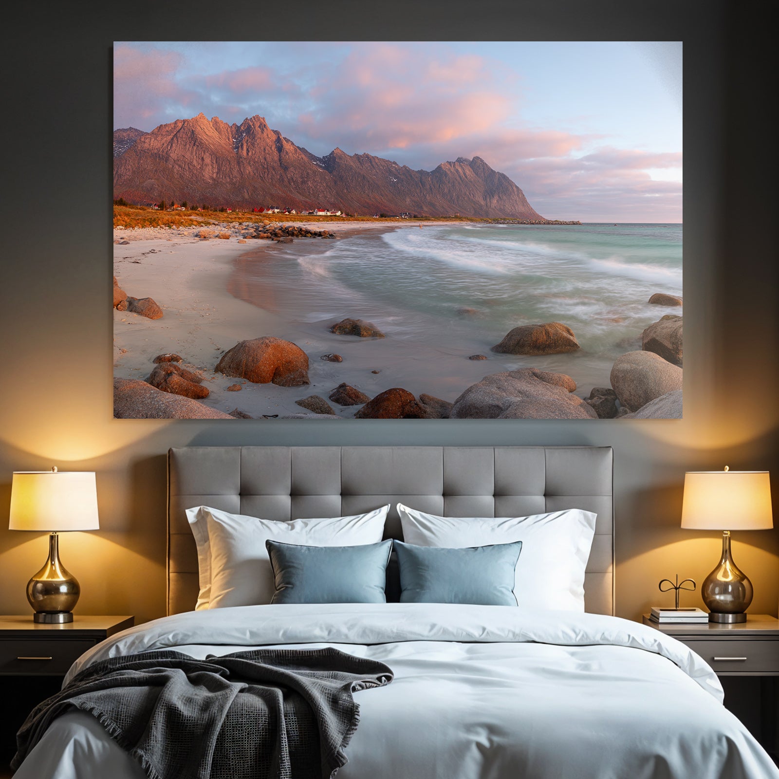 Forests and meadows beach idyll with mountains at sunset