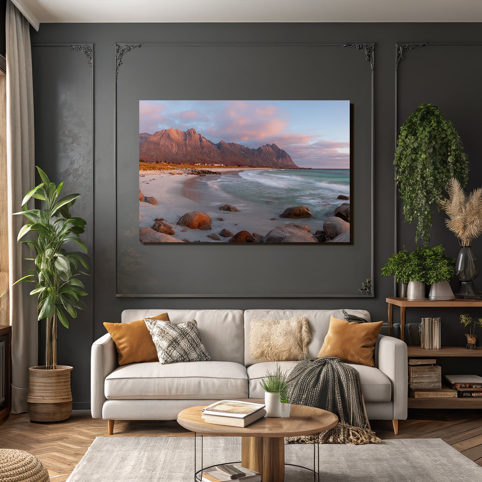 Forests and meadows beach idyll with mountains at sunset
