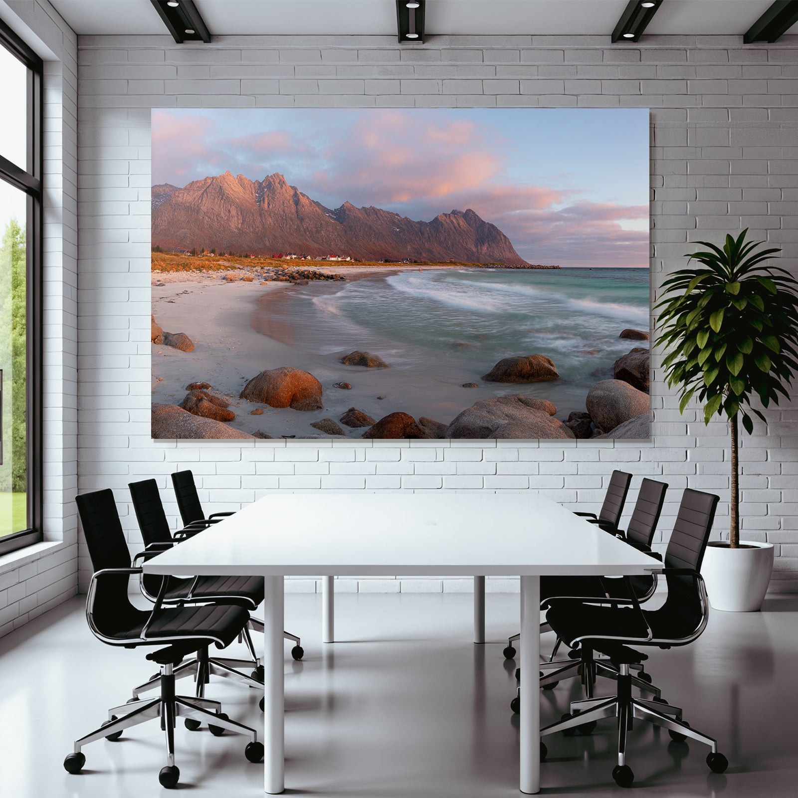 Forests and meadows beach idyll with mountains at sunset
