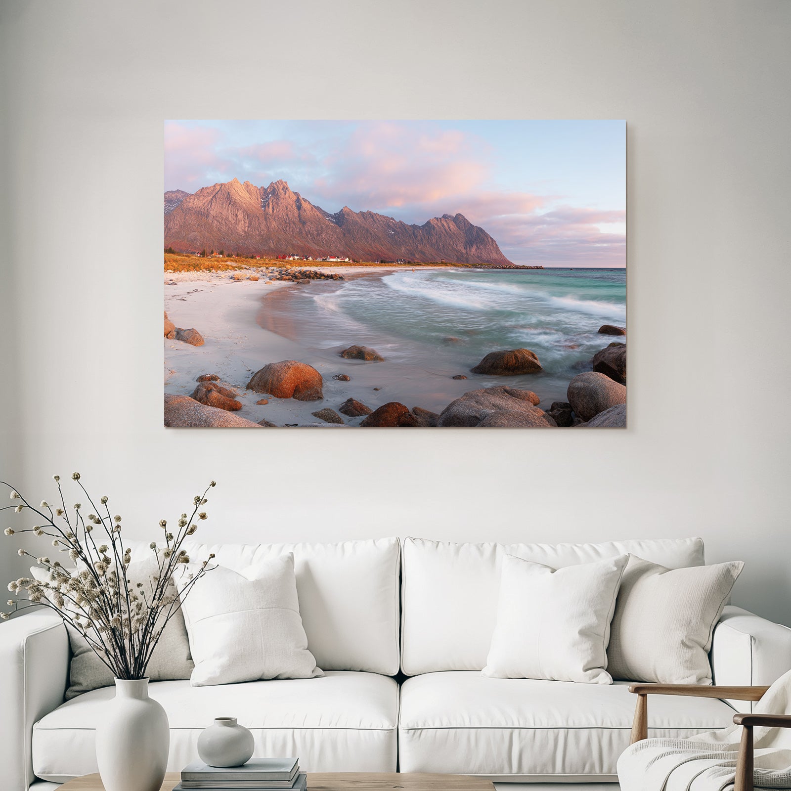 Forests and meadows beach idyll with mountains at sunset