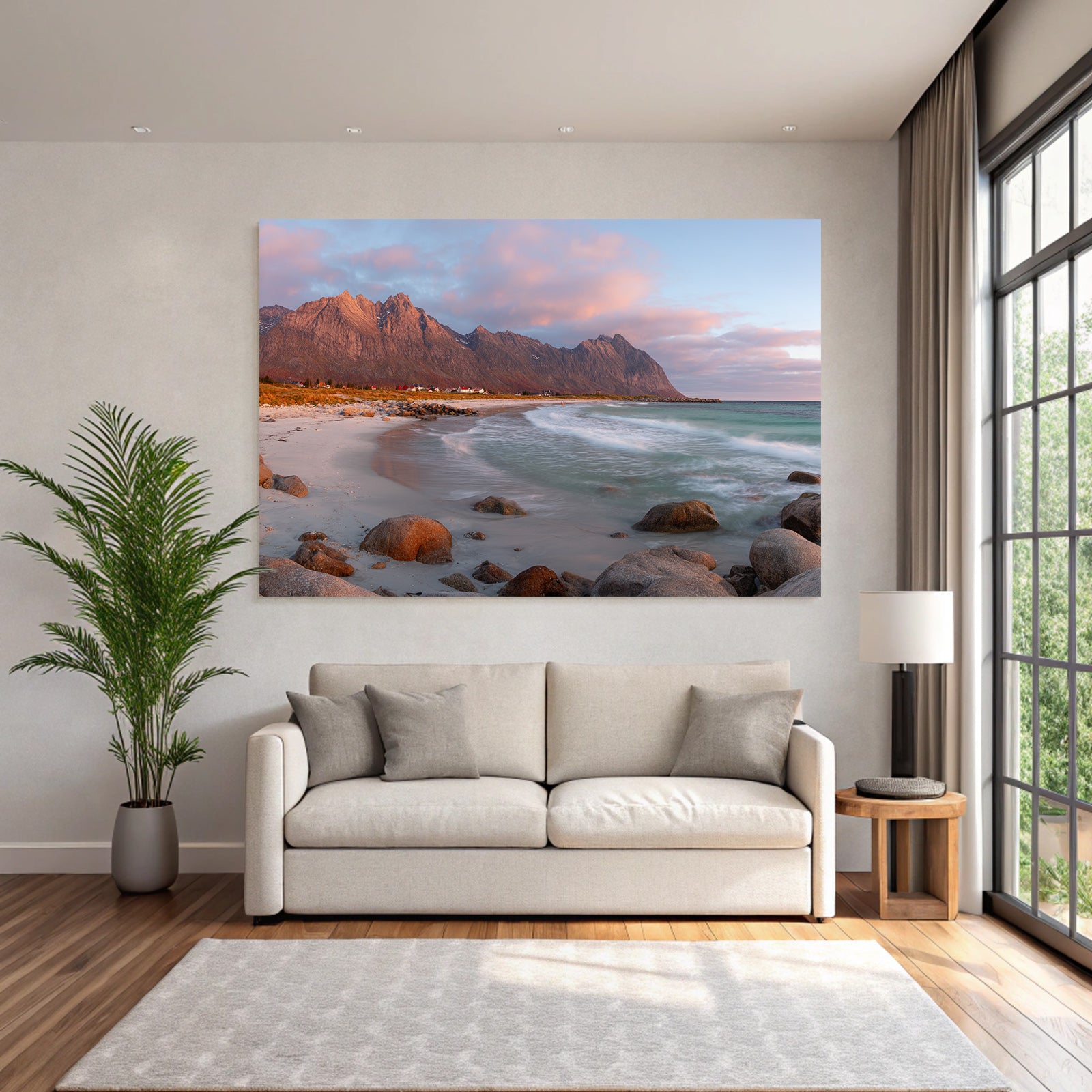 Forests and meadows beach idyll with mountains at sunset
