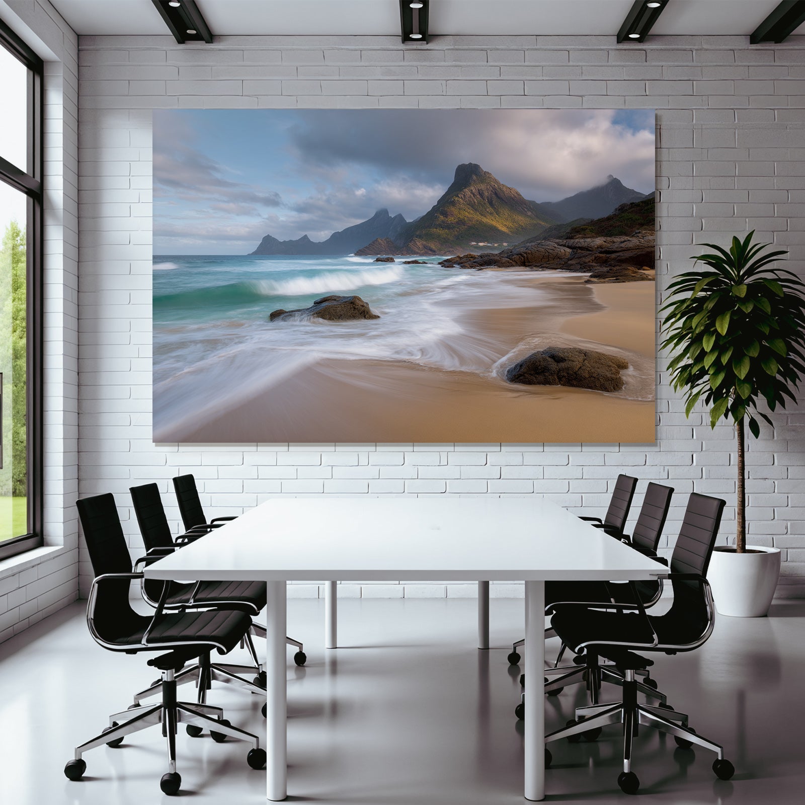 Forests and meadows beach landscape with rocks and green mountains under cloudy sky
