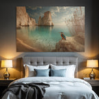 Forests and meadows. Tranquil coastal landscape with colorful birds and dramatic rocks.