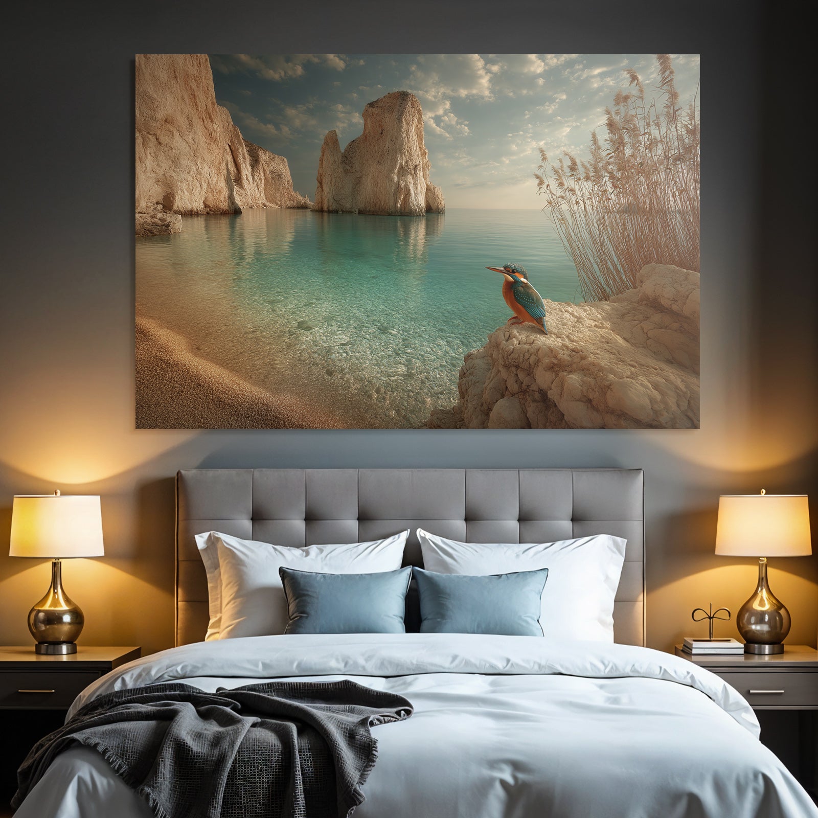 Forests and meadows. Tranquil coastal landscape with colorful birds and dramatic rocks.