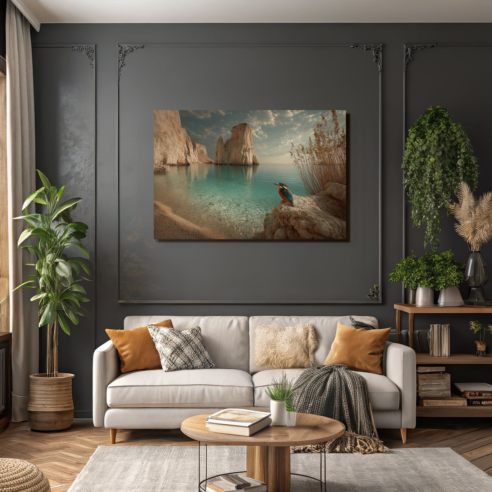 Forests and meadows. Tranquil coastal landscape with colorful birds and dramatic rocks.