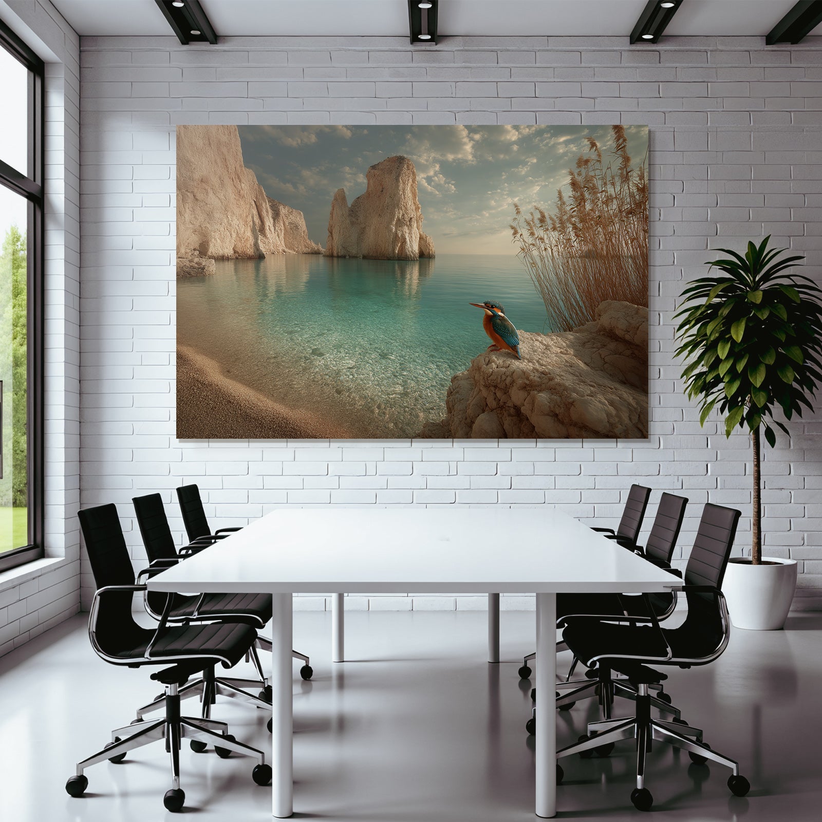 Forests and meadows. Tranquil coastal landscape with colorful birds and dramatic rocks.
