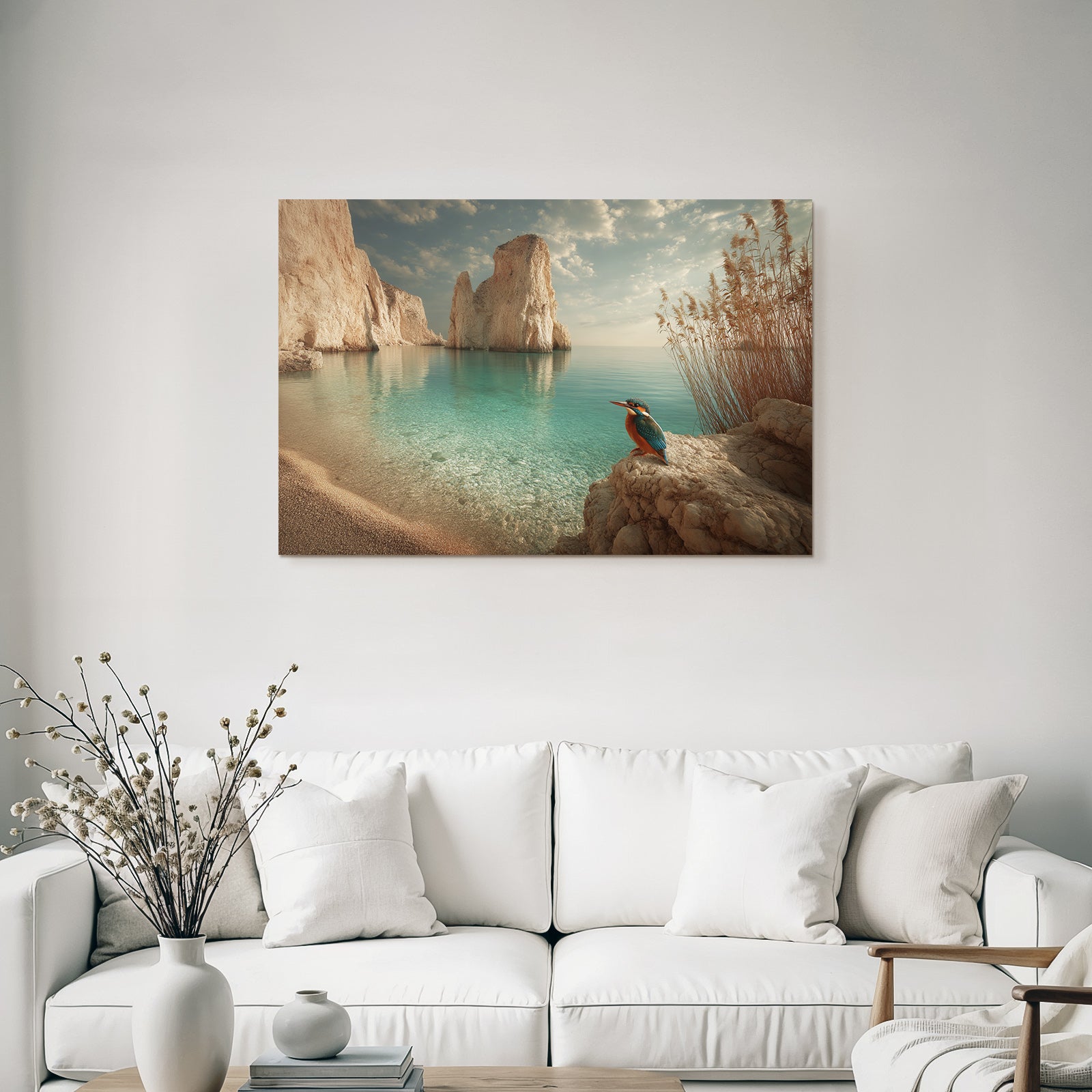 Forests and meadows. Tranquil coastal landscape with colorful birds and dramatic rocks.