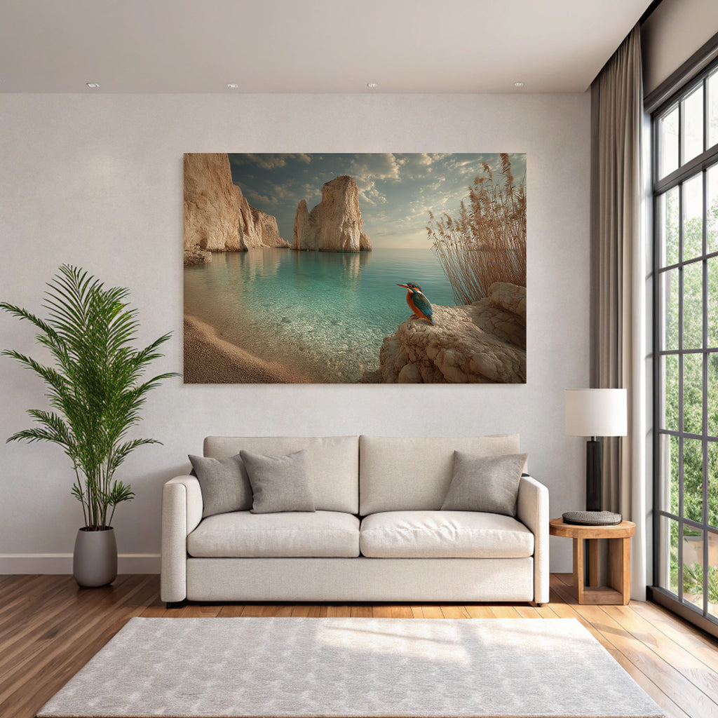 Forests and meadows. Tranquil coastal landscape with colorful birds and dramatic rocks.