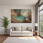 Forests and meadows. Tranquil coastal landscape with colorful birds and dramatic rocks.