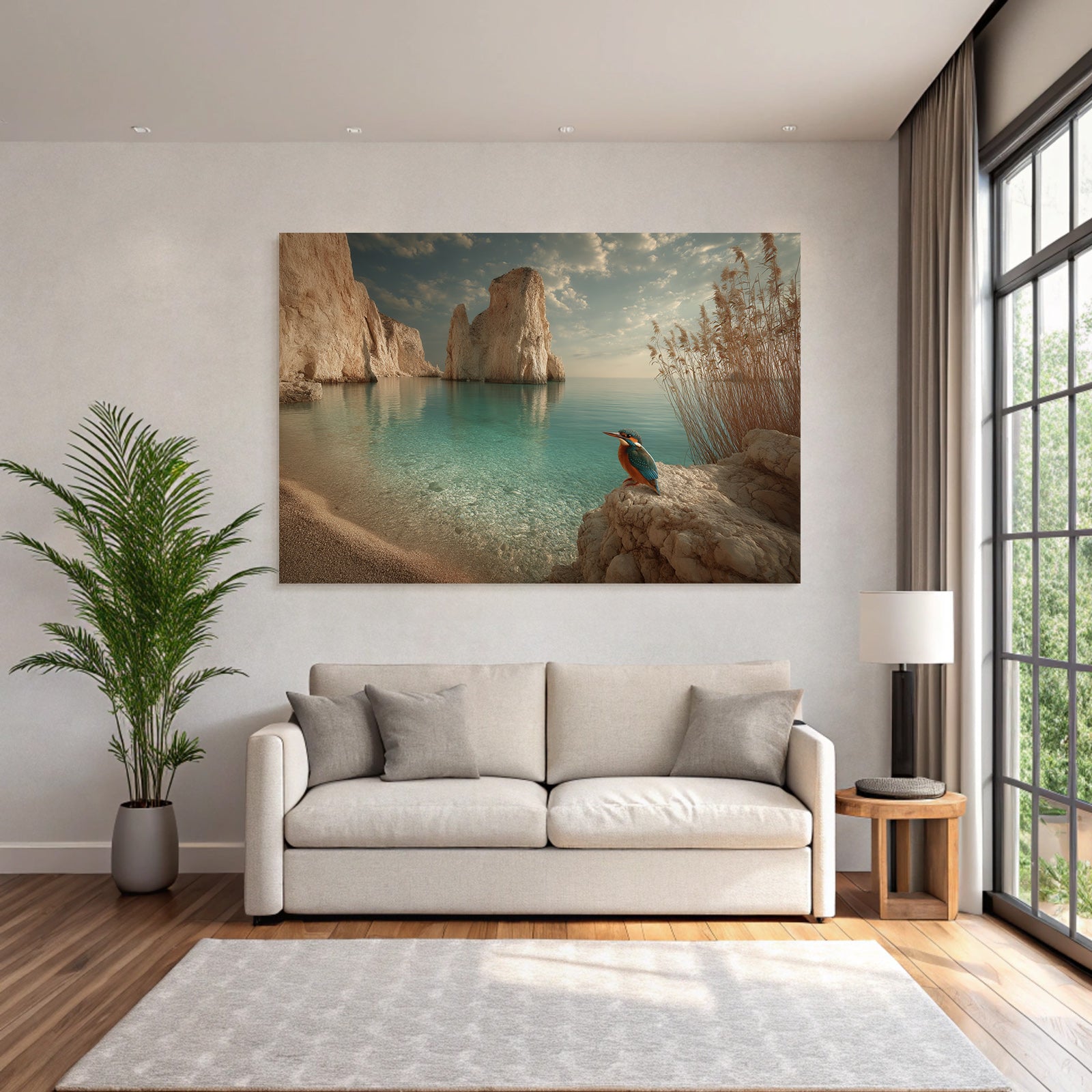 Forests and meadows. Tranquil coastal landscape with colorful birds and dramatic rocks.