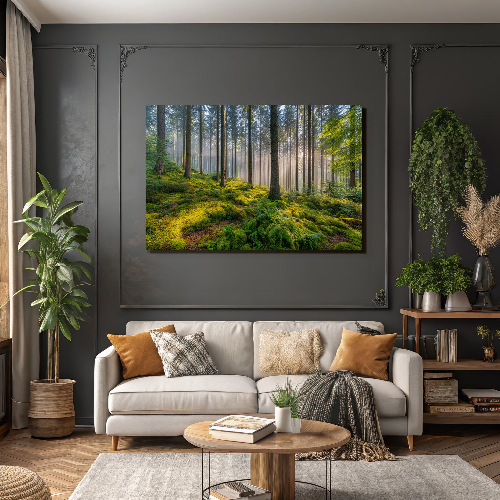 Forests and meadows. Tranquil forest scene with fog and sunlight.
