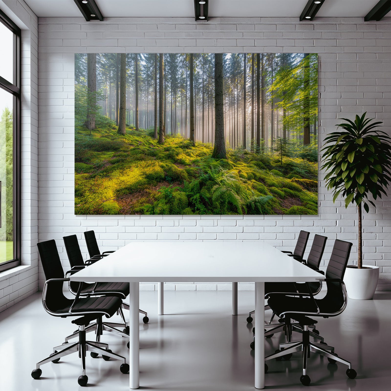Forests and meadows. Tranquil forest scene with fog and sunlight.