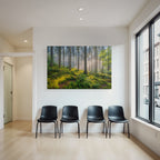 Forests and meadows. Tranquil forest scene with fog and sunlight.