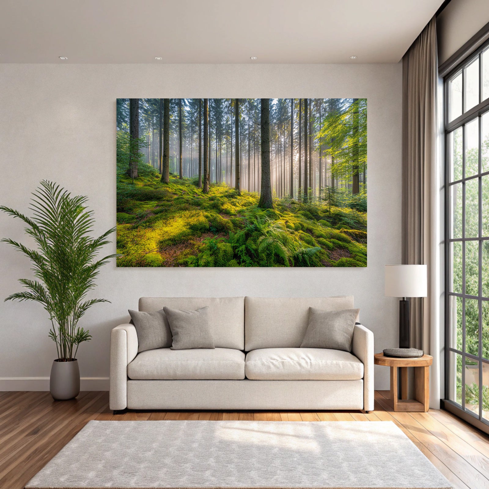 Forests and meadows. Tranquil forest scene with fog and sunlight.