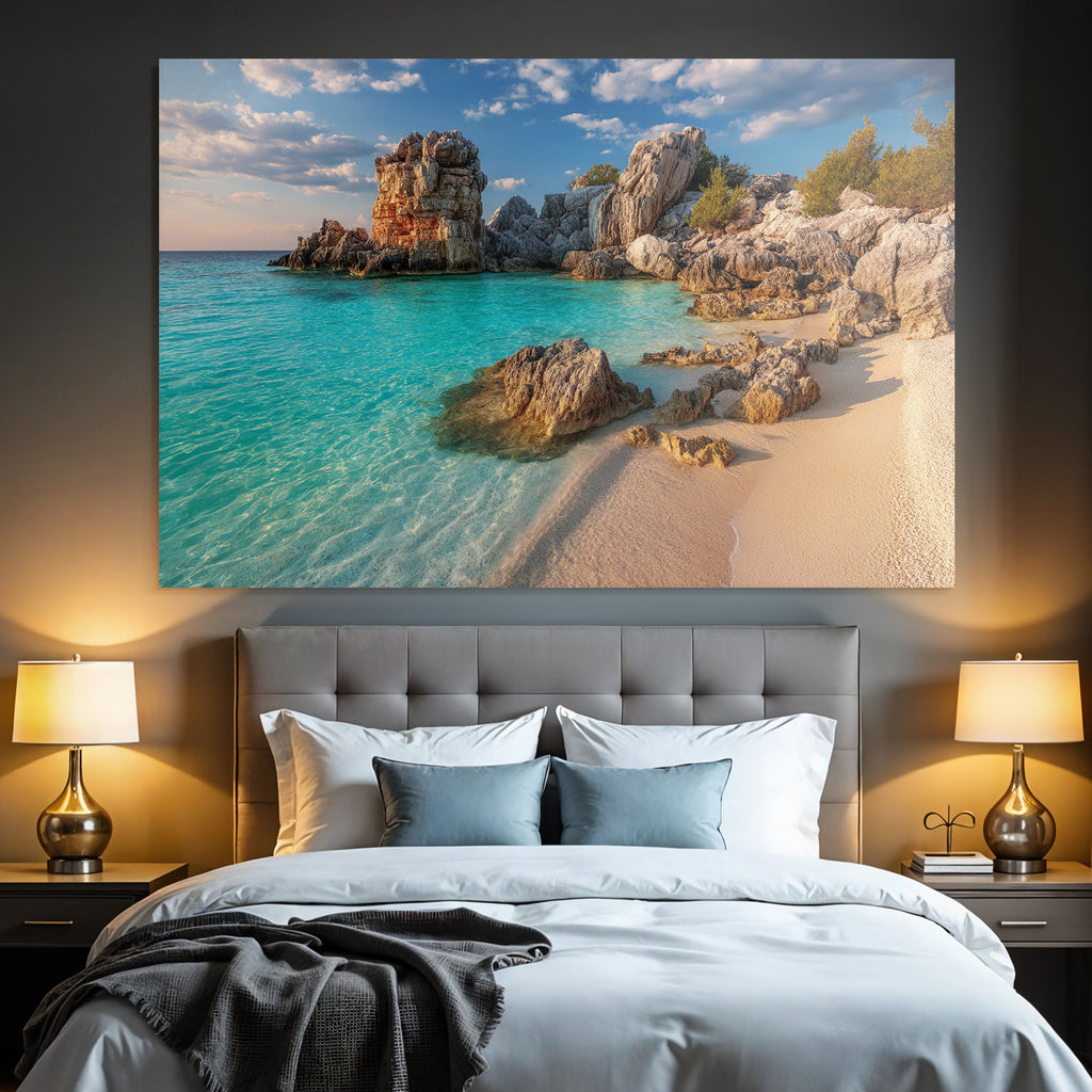 Forests and meadows Tropical beach with clear waters and rocks under blue skies
