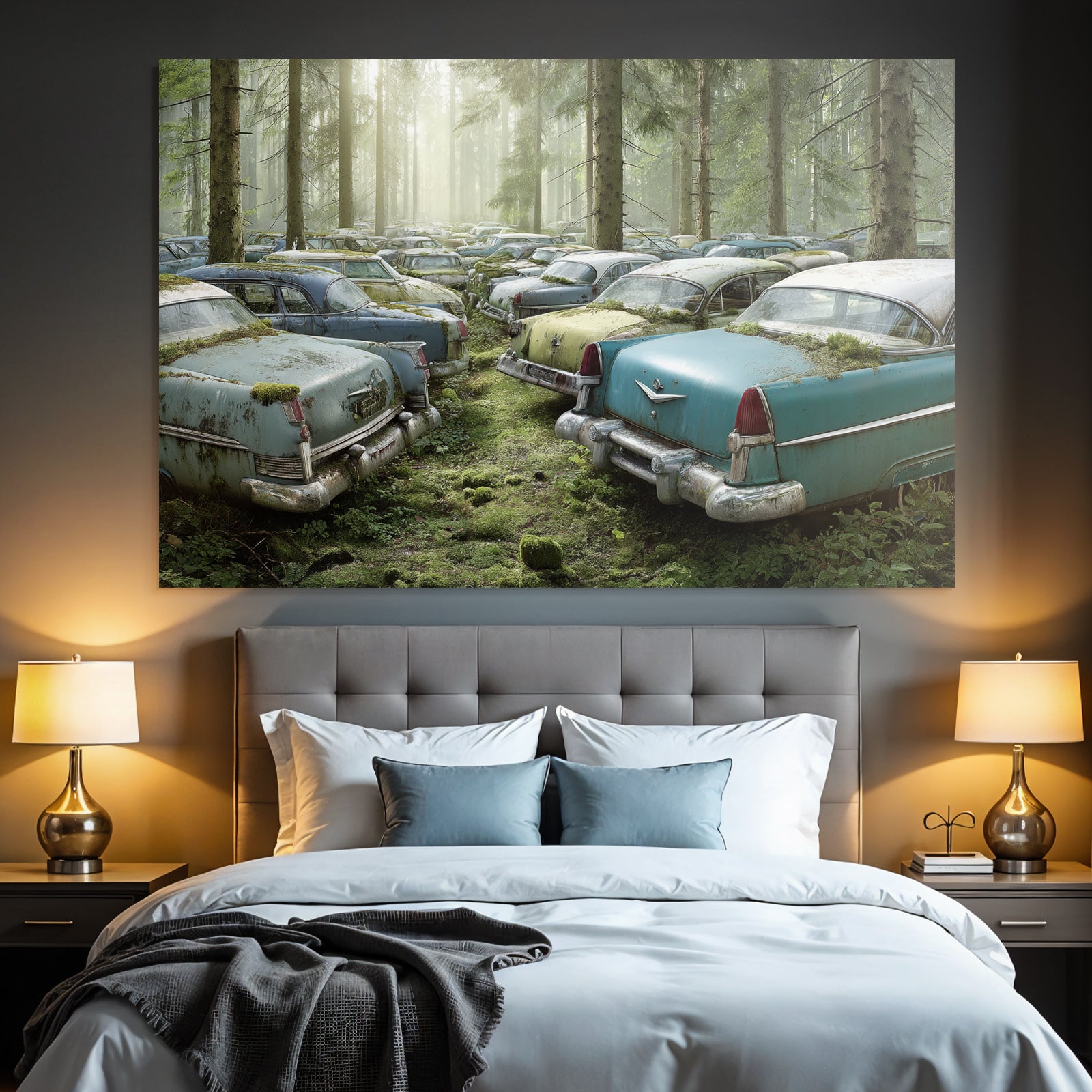Forests and meadows Abandoned vintage cars in the forest with moss and trees