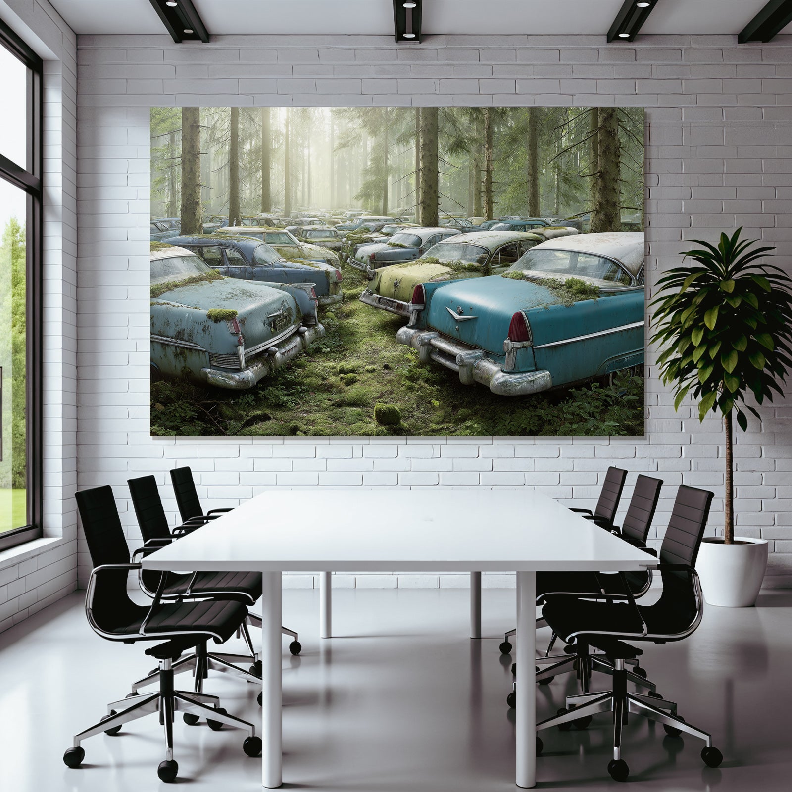 Forests and meadows Abandoned vintage cars in the forest with moss and trees