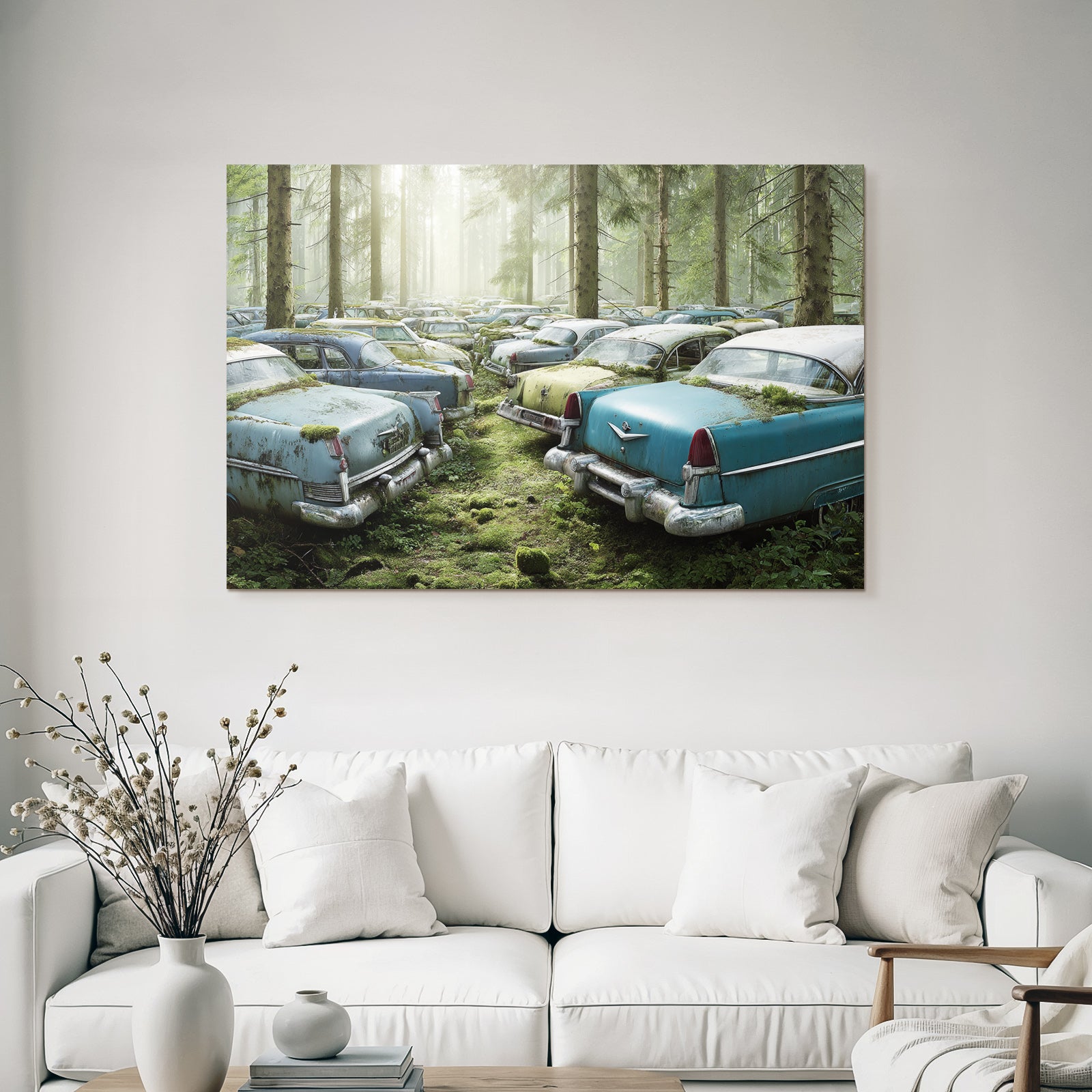 Forests and meadows Abandoned vintage cars in the forest with moss and trees
