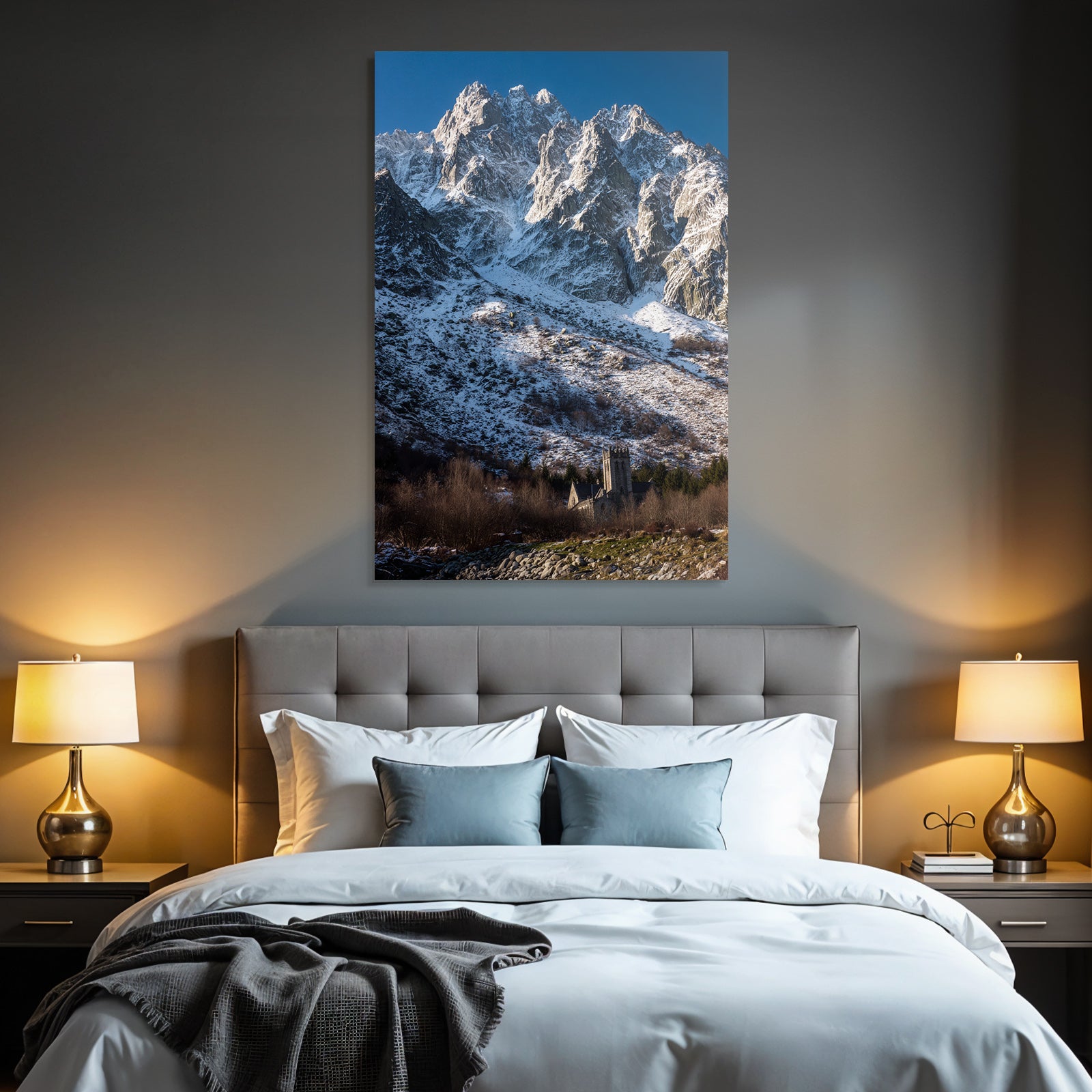 Winter mountain landscape with stony church and trees