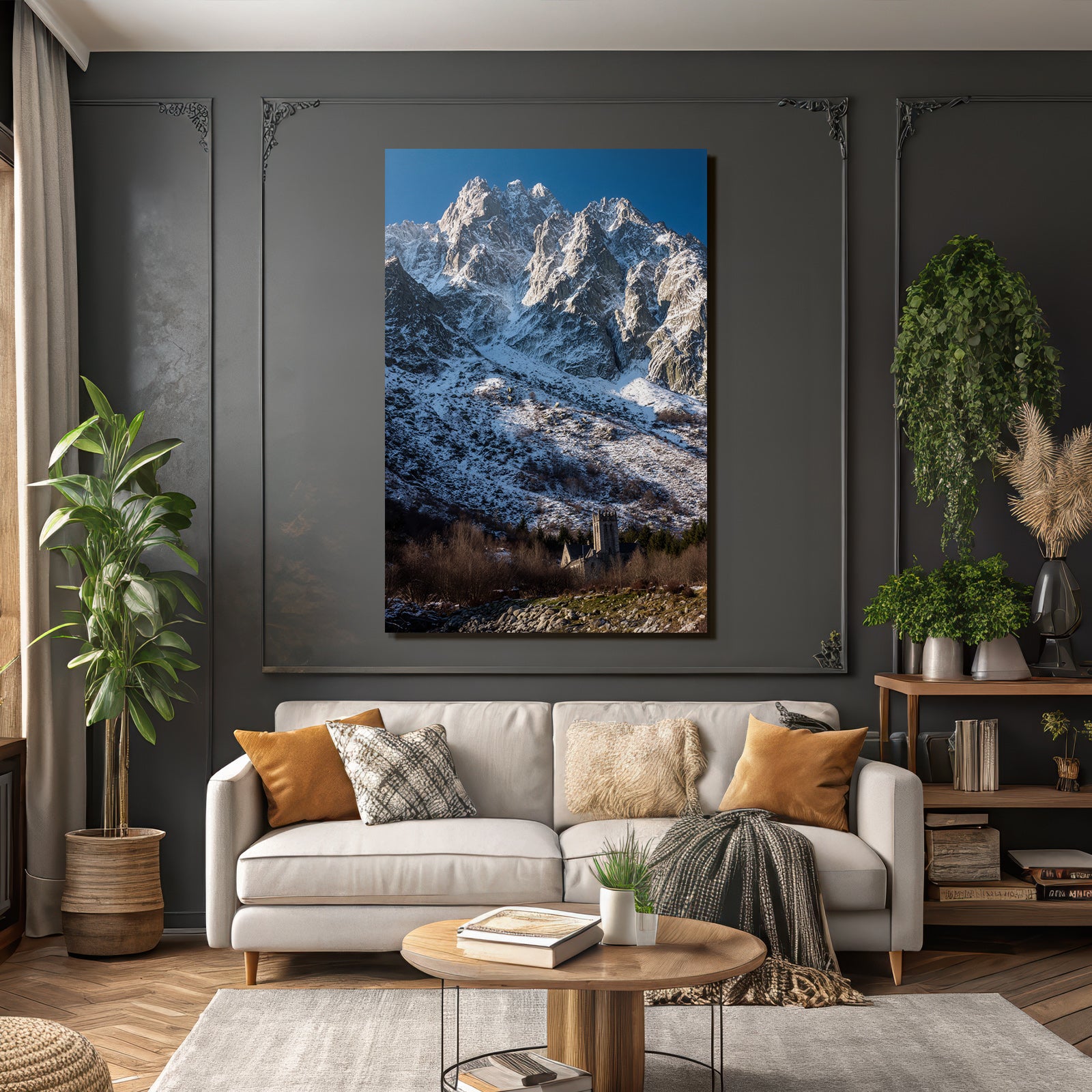 Winter mountain landscape with stony church and trees