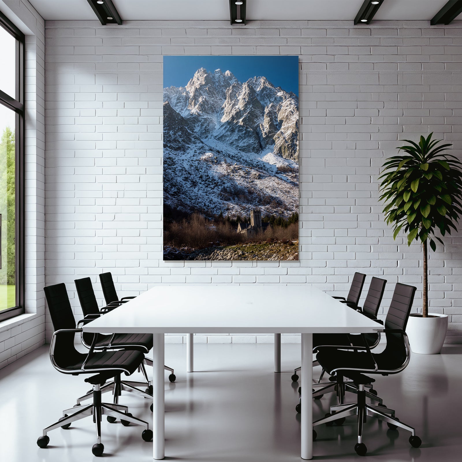 Winter mountain landscape with stony church and trees