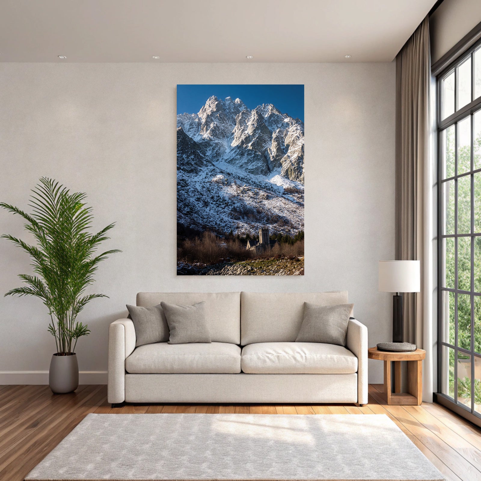 Winter mountain landscape with stony church and trees