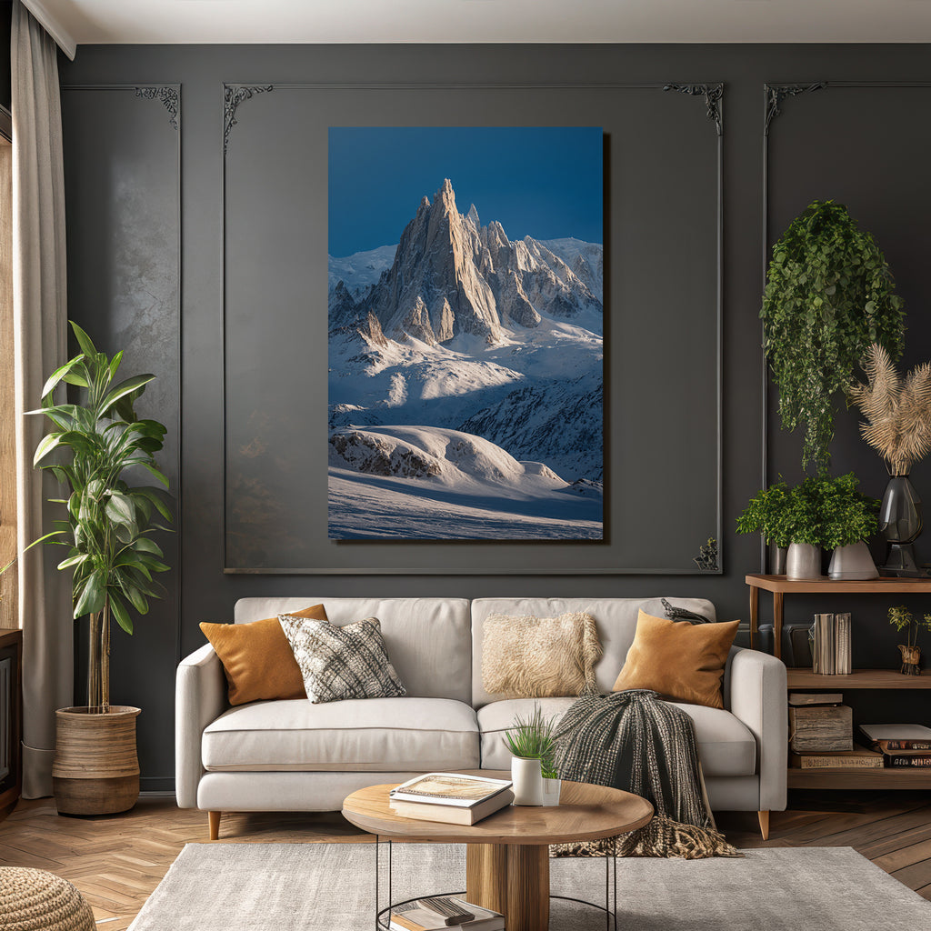 Winter Dramatic View of Snow-Capped Mountains with Jagged Peak in the Sky