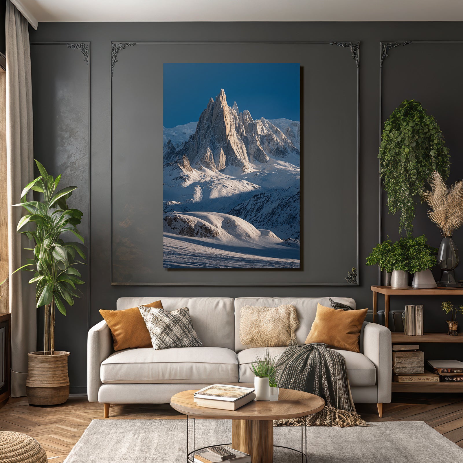 Winter Dramatic View of Snow-Capped Mountains with Jagged Peak in the Sky