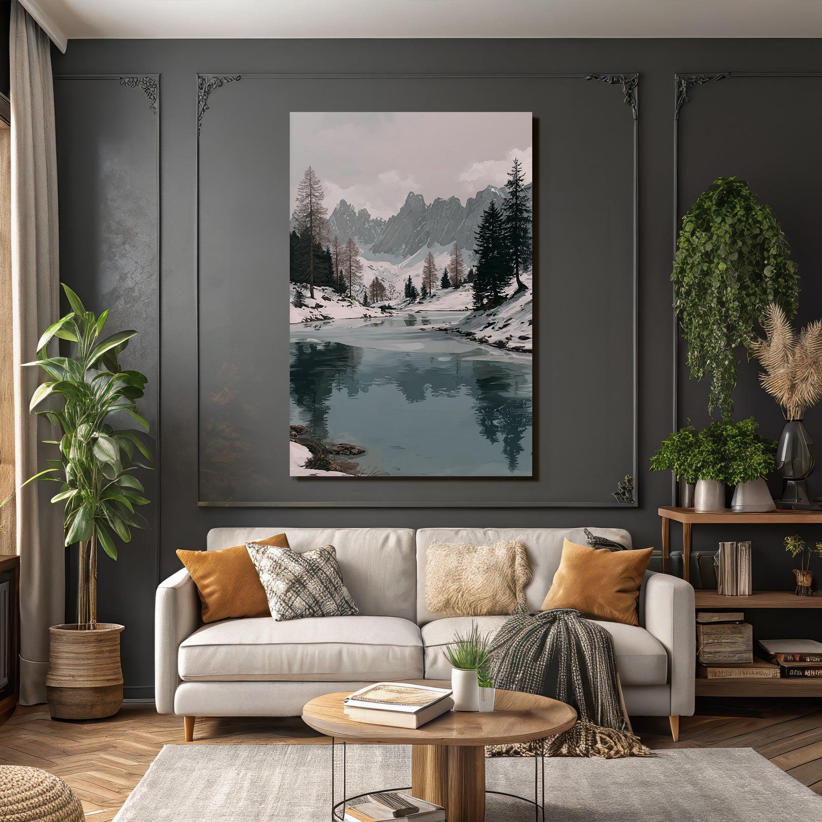 Winter Peaceful Winter Landscape With River And Snowy Mountains
