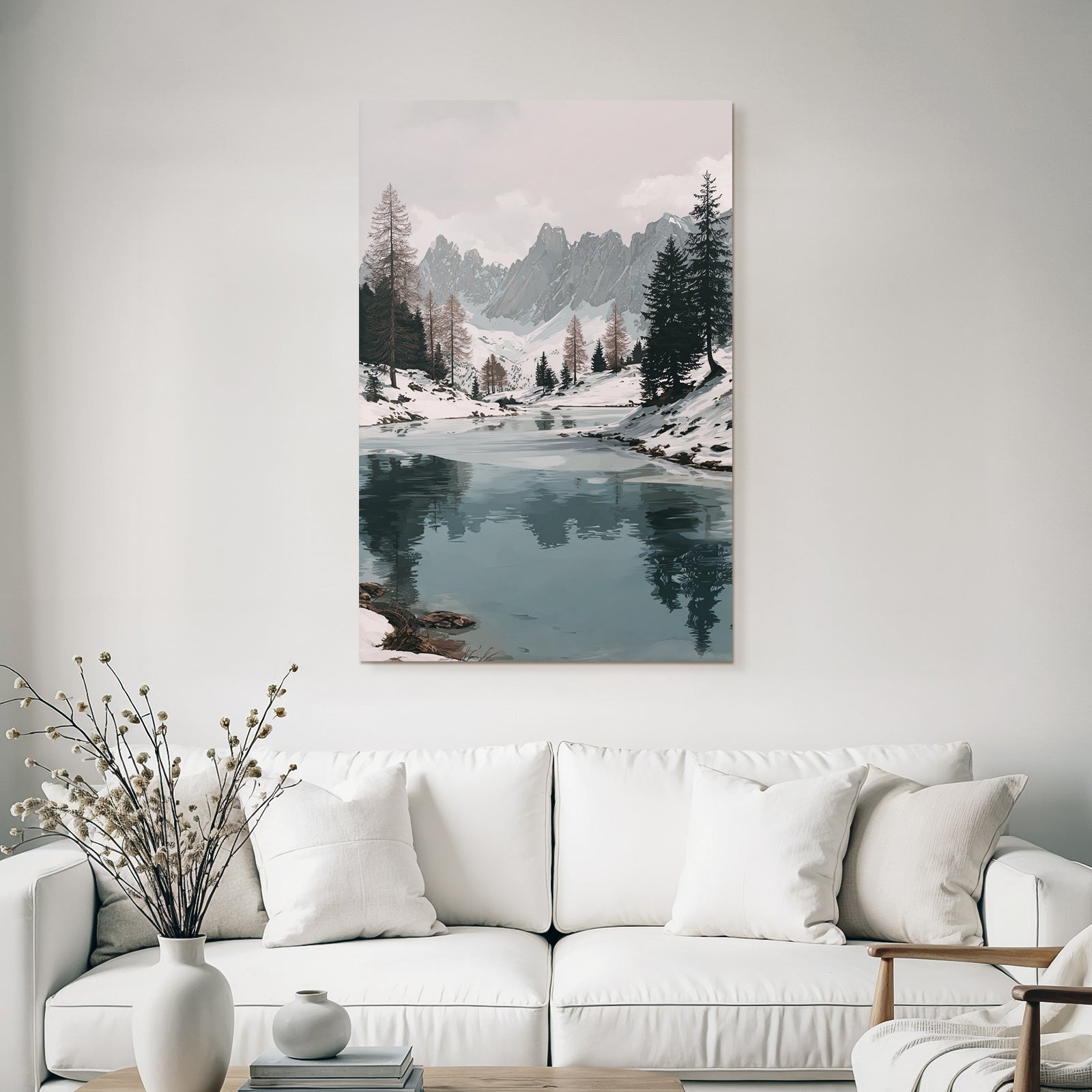 Winter Peaceful Winter Landscape With River And Snowy Mountains