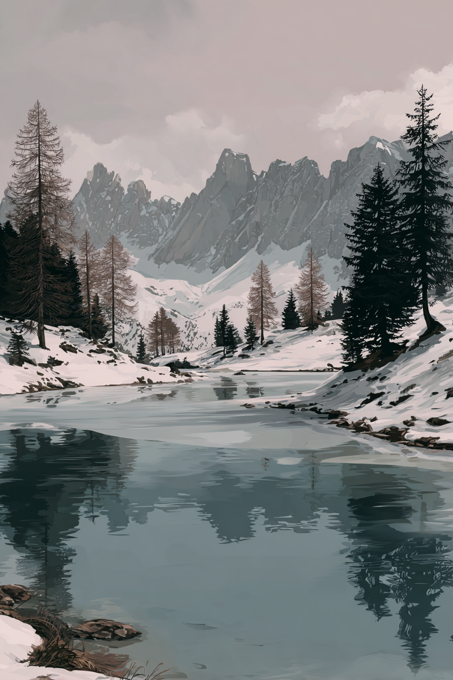 Winter Friedliche Winterlandschaft Mit Fluss Und Verschneiten Bergen | Winterlandschaften | Landschaften